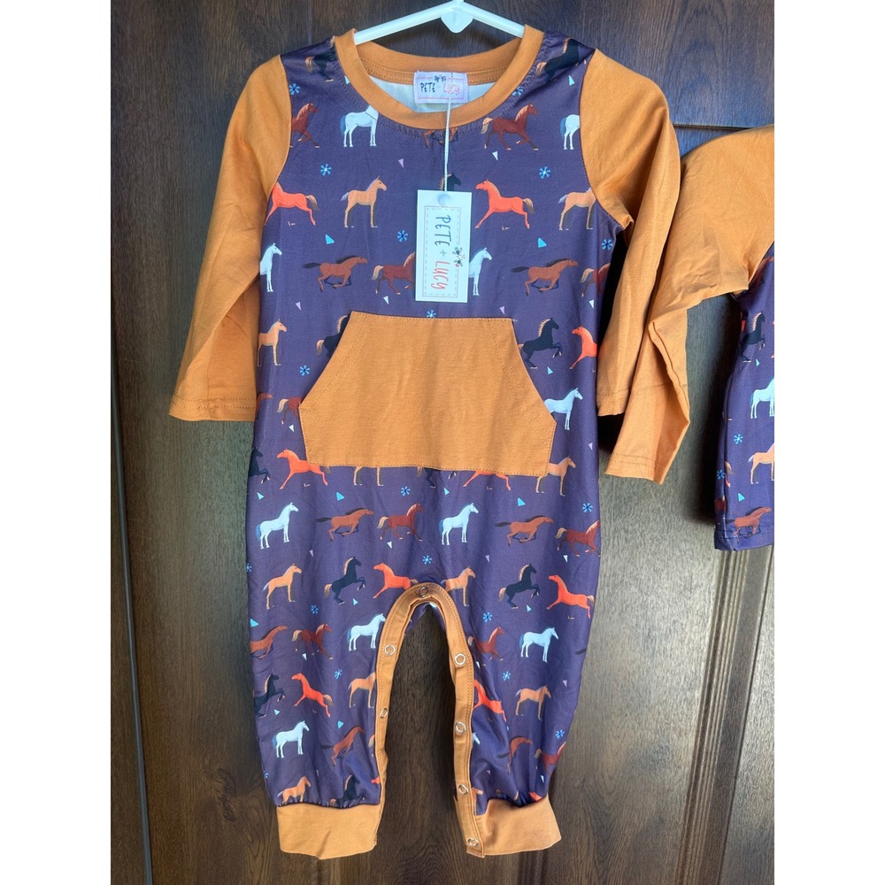 Pete + Lucy Infant Boys Girls Playing w Horses Romper and Long Sleeve Top SZ 12M